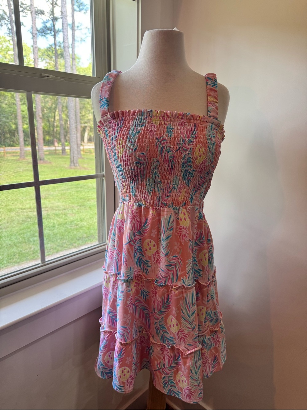 Simply Southern Pink Tropical Print Smocked Midi Dress Medium